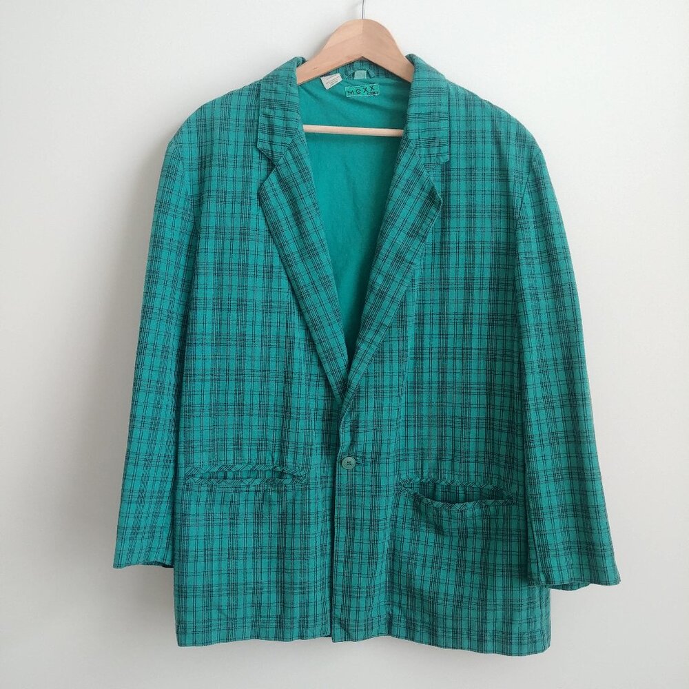 Vintage Men Medium 100% cotton lightweight blazer jacket teal blue green plaid
